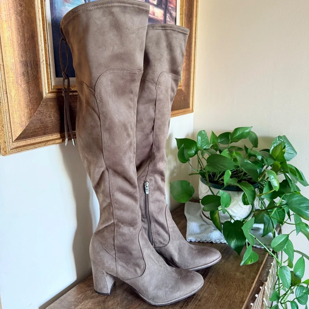Marc Fisher LTD Alina OTK Boots Womens 10 Taupe Block Heel Cottagecore Soft Girl